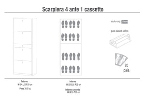 Scarpiera 4 Ante 1 Cassetto 63x164x29 cm Bianco Fiammato