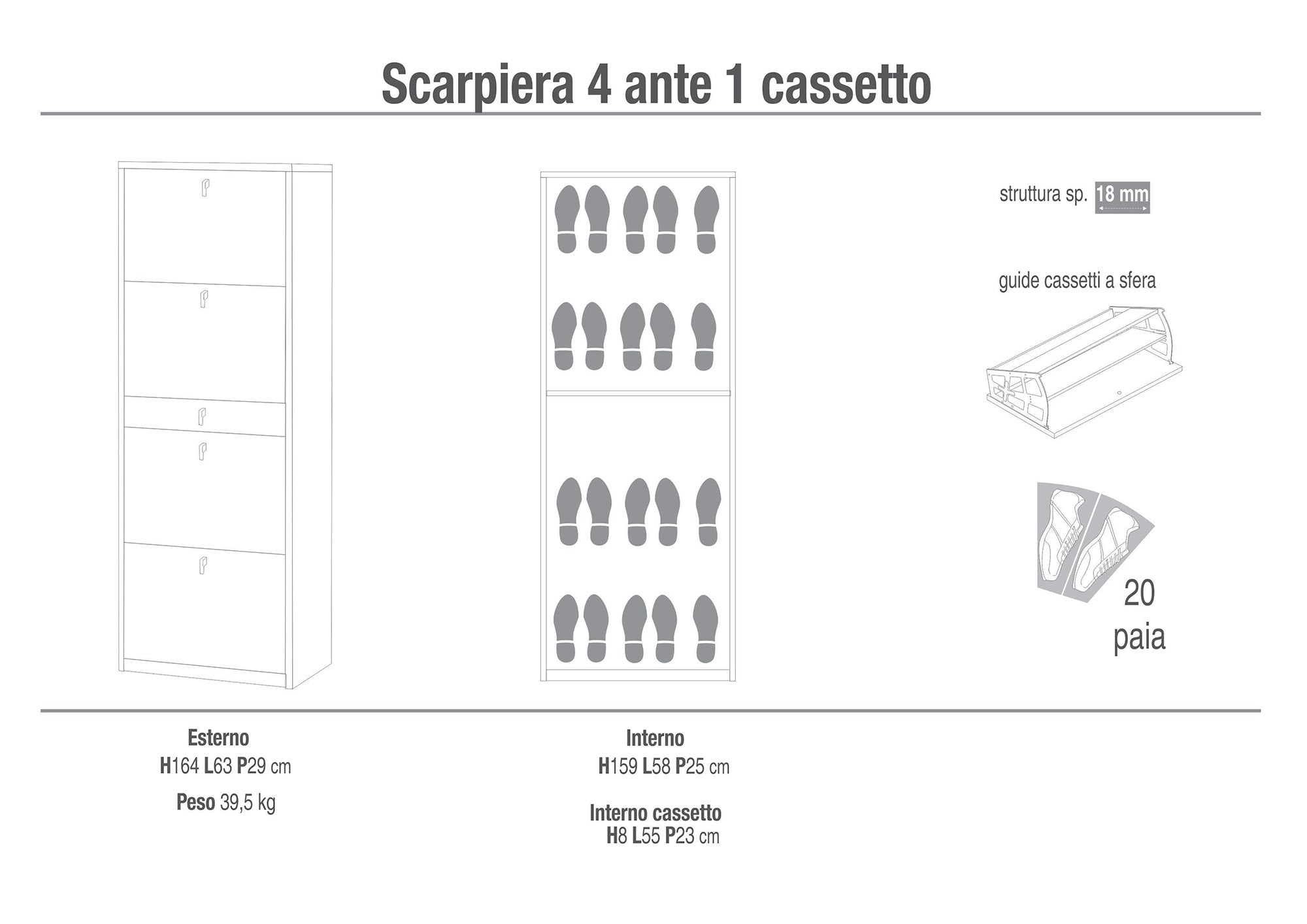 Scarpiera 4 Ante 1 Cassetto 63x164x29 cm Cemento