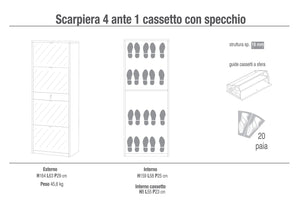 Scarpiera 4 Ante con Specchio 1 Cassetto 63x164x29 cm Cemento