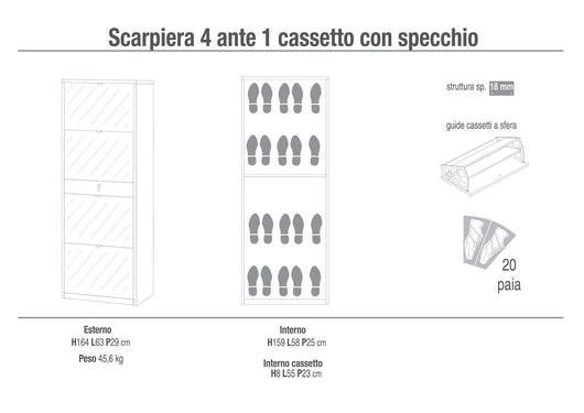 Scarpiera 4 Ante con Specchio 1 Cassetto 63x164x29 cm Olmo Chiaro