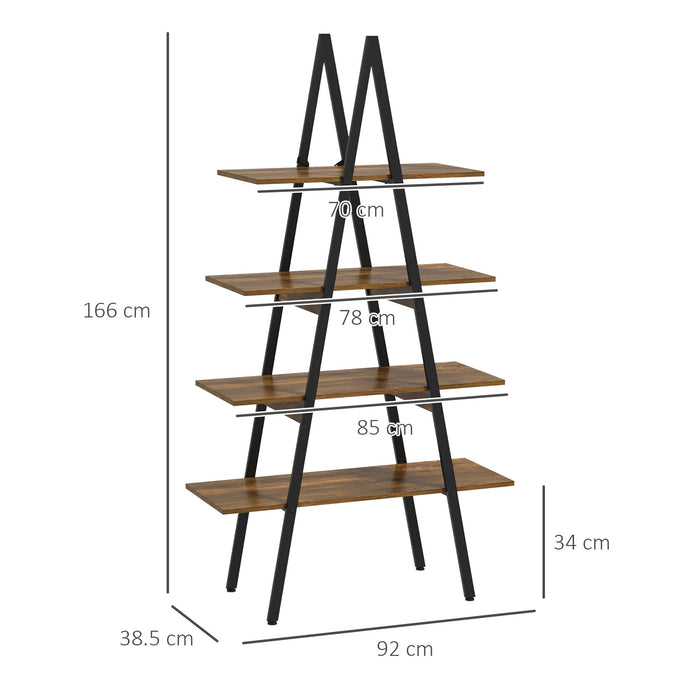 Libreria 4 Livelli a Forma di A 92x38,5x166 cm in Truciolato e Acciaio Marrone Rustico e Nero