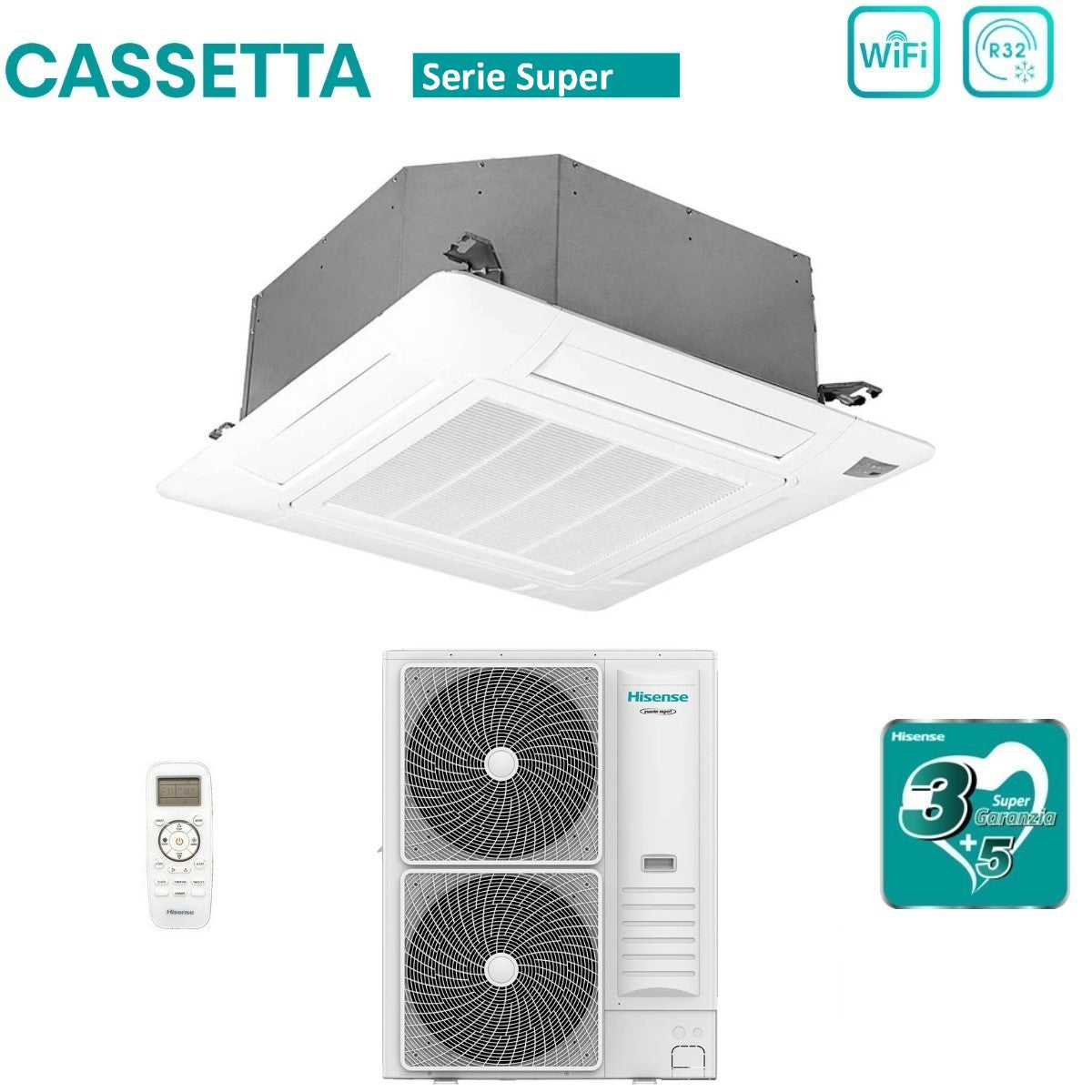 Climatizzatore Condizionatore Hisense Inverter a Cassetta serie SUPER 36000 Btu AUC105UR4RKC8 + AUW105U4RK7 R-32 Wi-Fi Optional Classe A++/A+ con Telecomando e Pannello Incluso