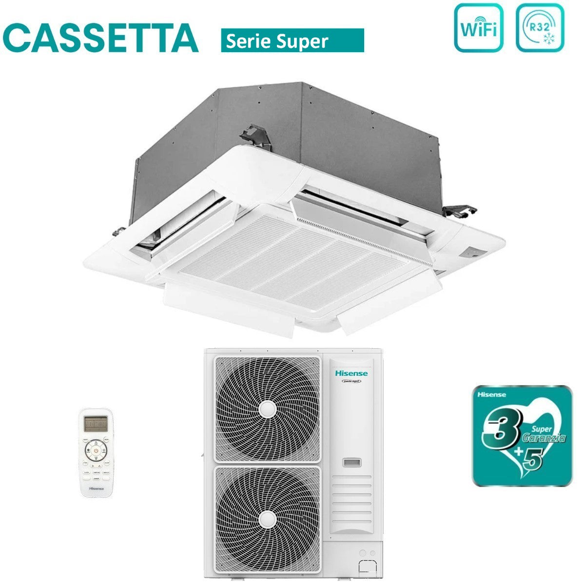 Climatizzatore Condizionatore Hisense Inverter a Cassetta serie SUPER 36000 Btu AUC105UR4RKC8 + AUW105U4RK7 R-32 Wi-Fi Optional Classe A++/A+ con Telecomando e Pannello Incluso