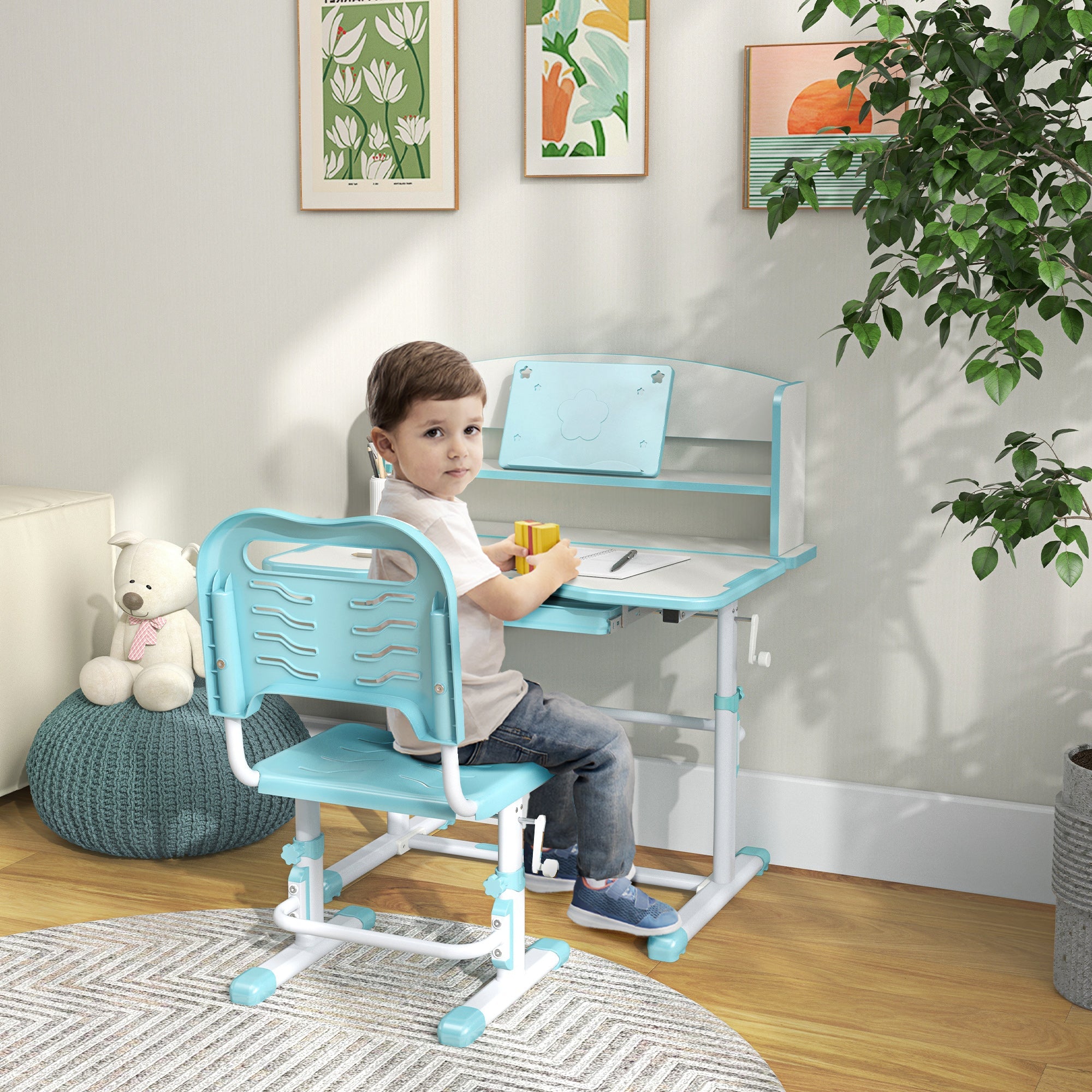 Banco Studio Scuola per Bambini 80x54,5x104 cm con Sedia Regolabile e Piano Inclinabile Blu