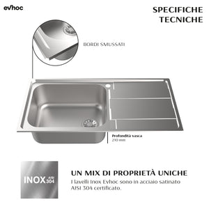 Lavello EVHOC serie AURA M 100x50 cm 1 vasca sinistra + gocciolatoio acciaio inox AISI 304 03AURASM