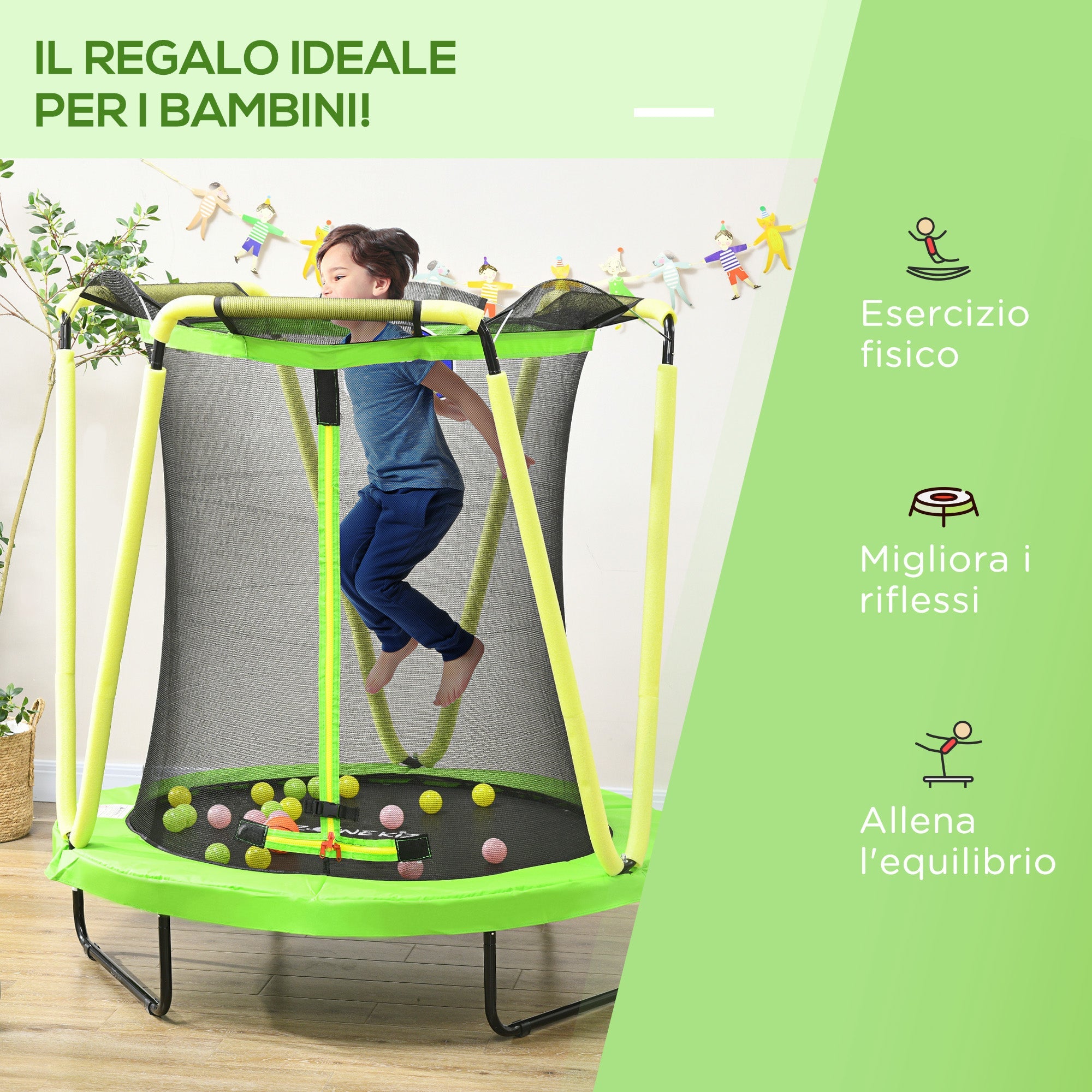 Trampolino Elastico per Bambini 3-10 Anni Ø140x155cm con Rete di Sicurezza Canestro e Palle Verde