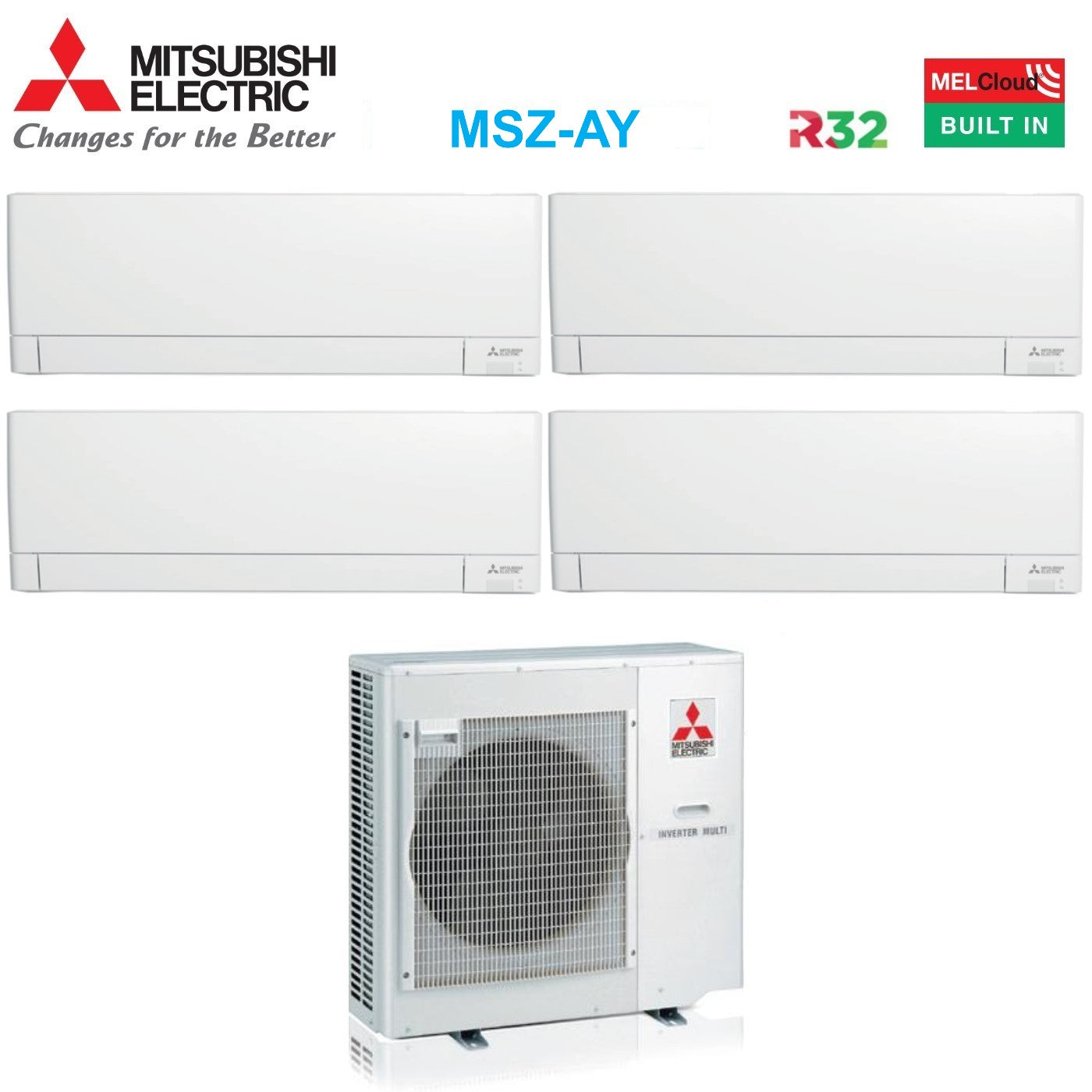 Climatizzatore Condizionatore Mitsubishi Electric Quadri Split Inverter Linea Plus serie MSZ-AY 9+9+9+12 con MXZ-4F80VF R-32 Wi-Fi Integrato 9000+9000+9000+12000