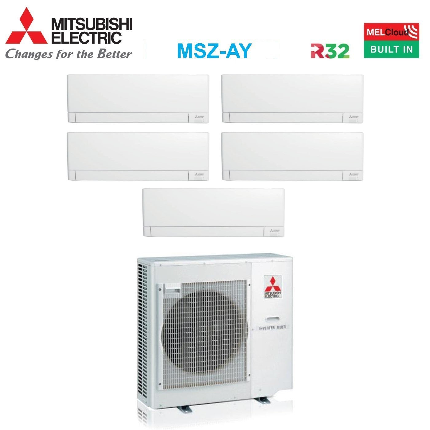 Climatizzatore Condizionatore Mitsubishi Electric Penta Split Inverter Linea Plus serie MSZ-AY 9+9+9+12+12 con MXZ-5F102VF R-32 Wi-Fi Integrato 9000+9000+9000+12000+12000