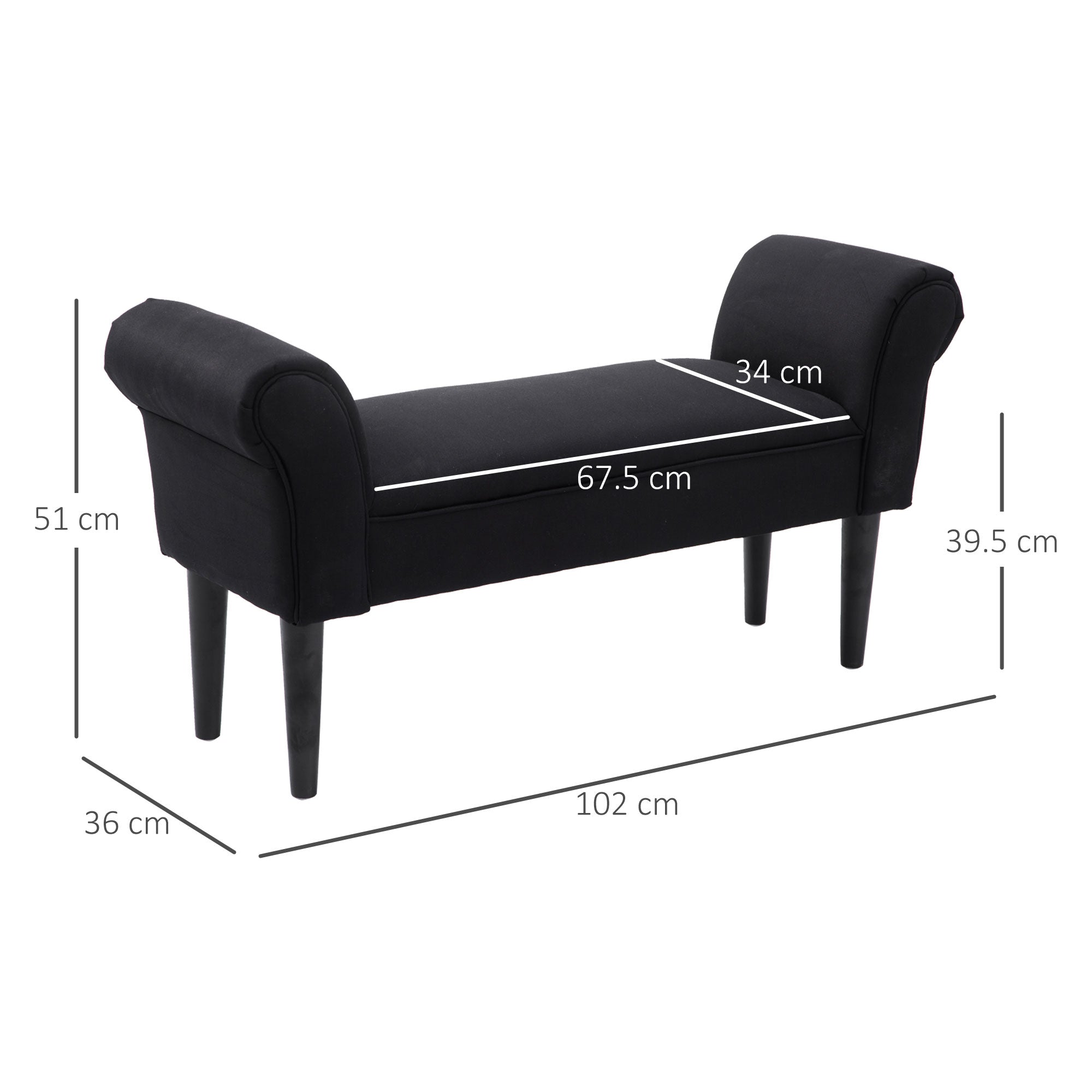 Panca Fondo Letto Imbottita con Braccioli Arrotolati 102x35x51 cm in Legno e Tessuto Nero