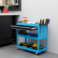 Carrello Porta Attrezzi con Manico Laterale 3 Ripiani e Cassetto 82x35x76 cm in Acciaio Blu