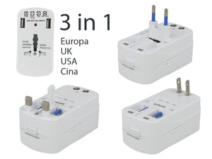 Adattatore Universale da Viaggio con Protezione da Sovraccarico 2 USB 5V 2A 3 Spine Per Europa UK USA Cina America SKU-8704