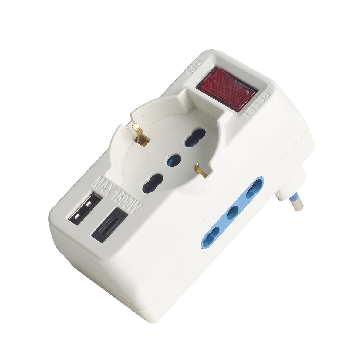 Adattatore con Interruttore Spina 10A con 2 Prese Bipasso 10A/16A e 1 Schuko 1 USB A e 1 USB C 5V/3A 250V Max 1500W Bianco