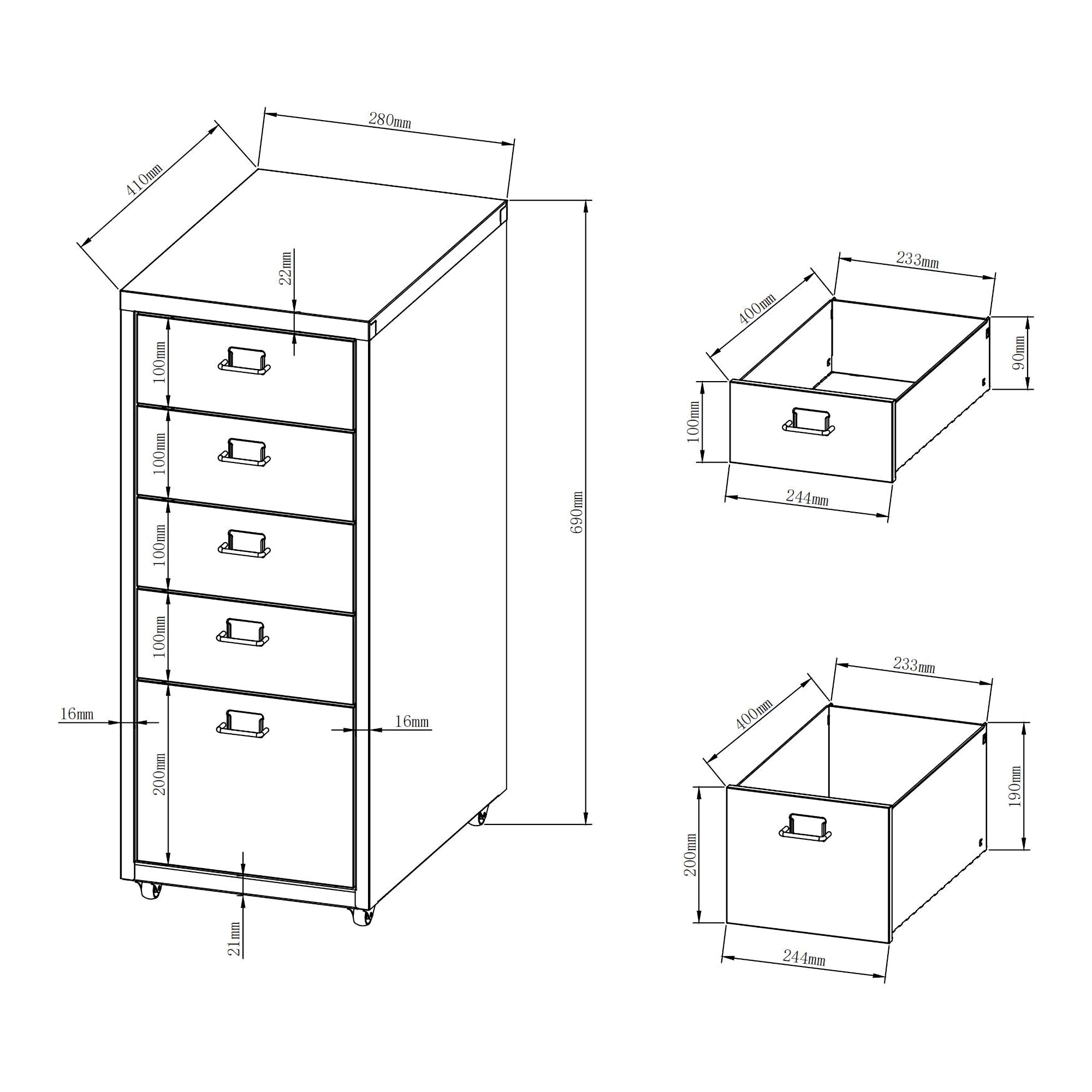 Cassettiera Kà¶kar in Acciaio Mobile Archivio con 5 Cassetti e Rotelle - Arancione [en.casa]