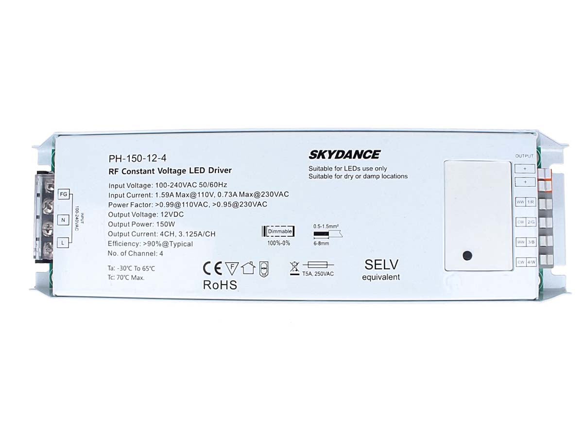 Alimentatore Dimmerabile CV 12V 150W 4 Canali Con Pulsante N.O. e Telecomando RF 2.4G Per Striscia Led PH-150-12-4