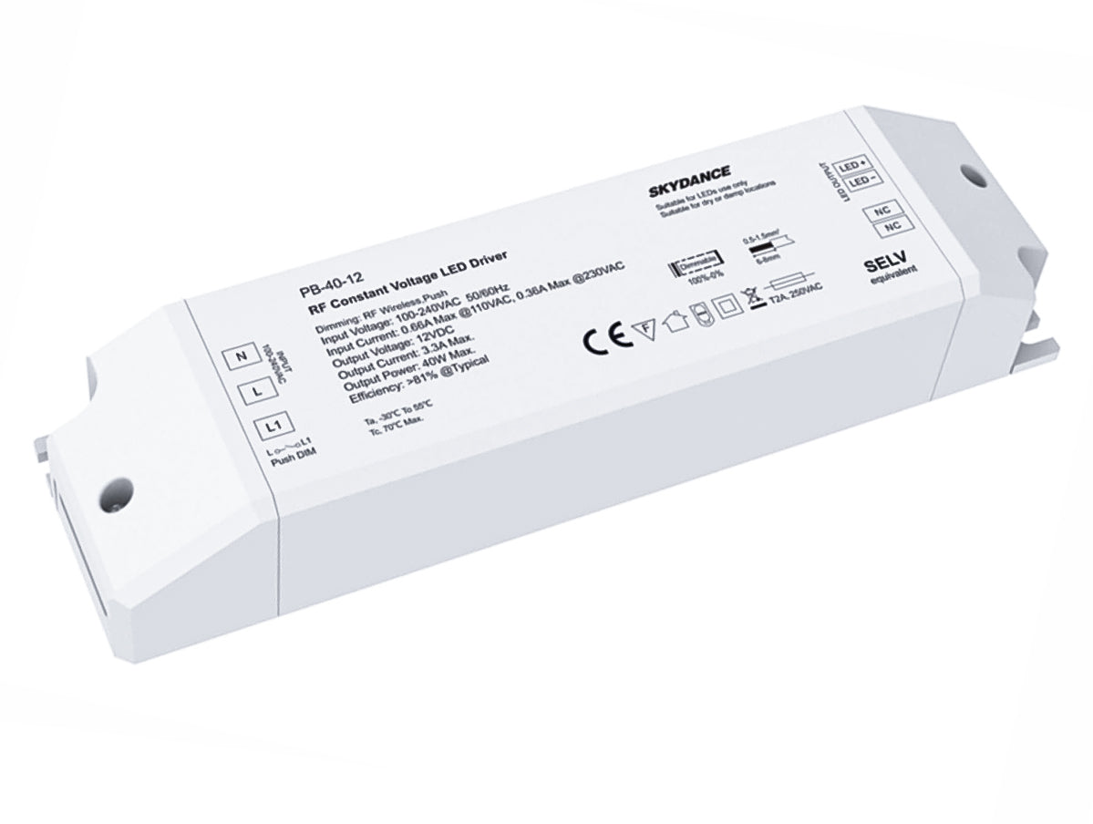 Alimentatore Dimmerabile CV 12V 40W Con Pulsante N.O. e Telecomando RF 2.4G Per Striscia Led 12V PB-40-12