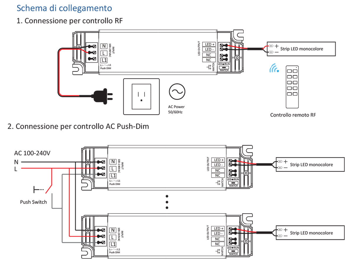 Alimentatore Dimmerabile CV 12V 40W Con Pulsante N.O. e Telecomando RF 2.4G Per Striscia Led 12V PB-40-12