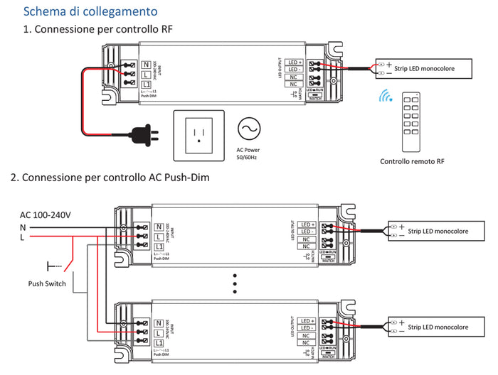 Alimentatore Dimmerabile CV 12V 40W Con Pulsante N.O. e Telecomando RF 2.4G Per Striscia Led 12V PB-40-12