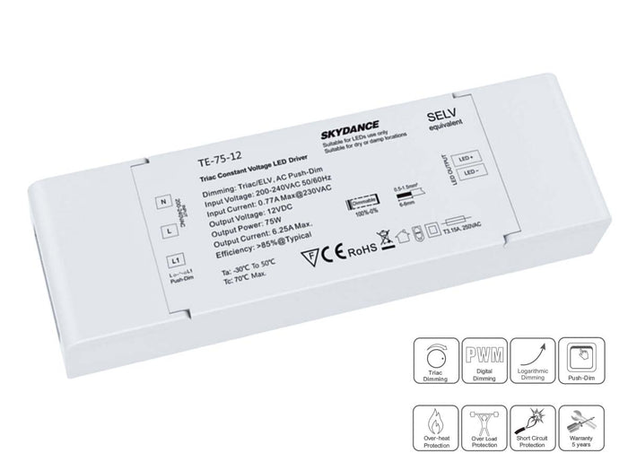 Alimentatore Dimmerabile CV 12V 75W Triac + Pulsante N.O. Varialuce Su 220V Per Striscia Led 12V TE-75-12