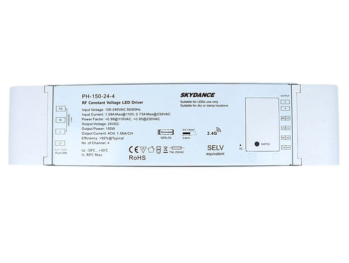 Alimentatore Dimmerabile CV 24V 150W 4 Canali Con Pulsante N.O. e Telecomando RF 2.4G Per Striscia Led PH-150-24-4