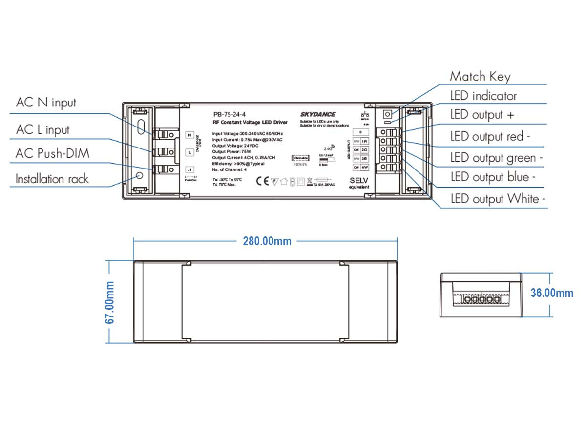 Alimentatore Dimmerabile CV 24V 150W 4 Canali Con Pulsante N.O. e Telecomando RF 2.4G Per Striscia Led PH-150-24-4