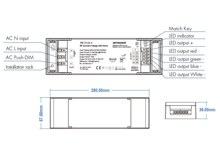 Alimentatore Dimmerabile CV 24V 150W 4 Canali Con Pulsante N.O. e Telecomando RF 2.4G Per Striscia Led PH-150-24-4