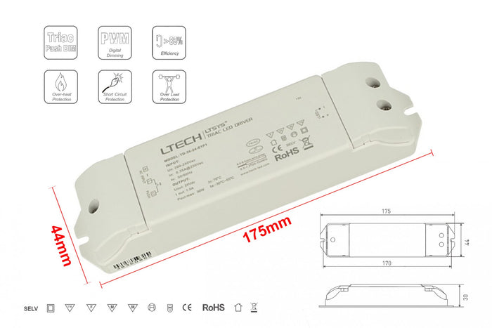 Alimentatore Dimmerabile CV 24V 36W Triac ELV Pulsante N.O. 3 In 1 Varialuce Su 220V