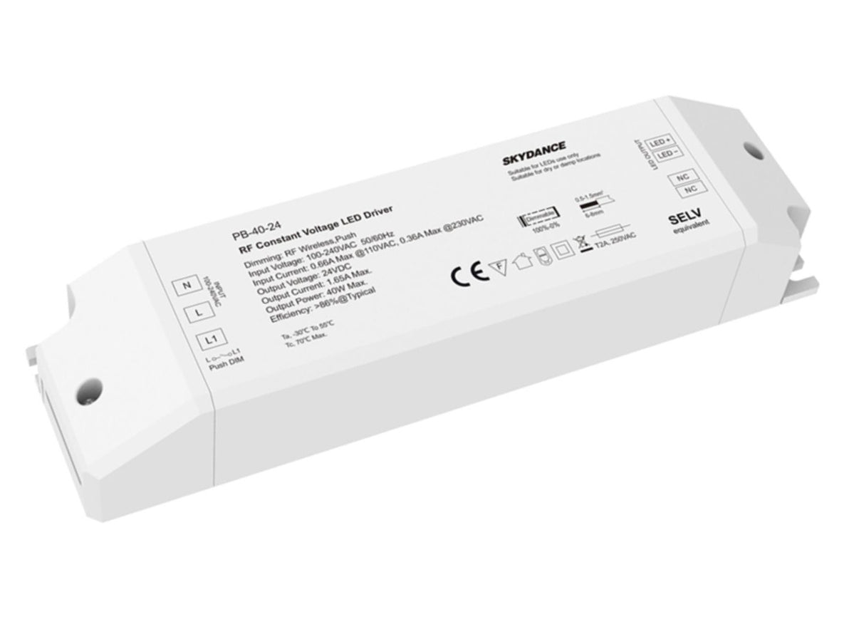 Alimentatore Dimmerabile CV 24V 40W Con Pulsante N.O. e Telecomando RF 2.4G Per Striscia Led 24V PB-40-24