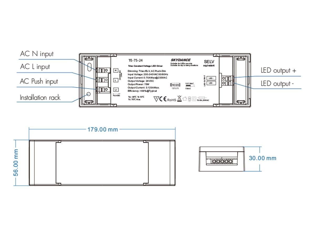 Alimentatore Dimmerabile CV 24V 75W Triac + Pulsante N.O. Varialuce Su 220V Per Striscia Led 24V TE-75-24