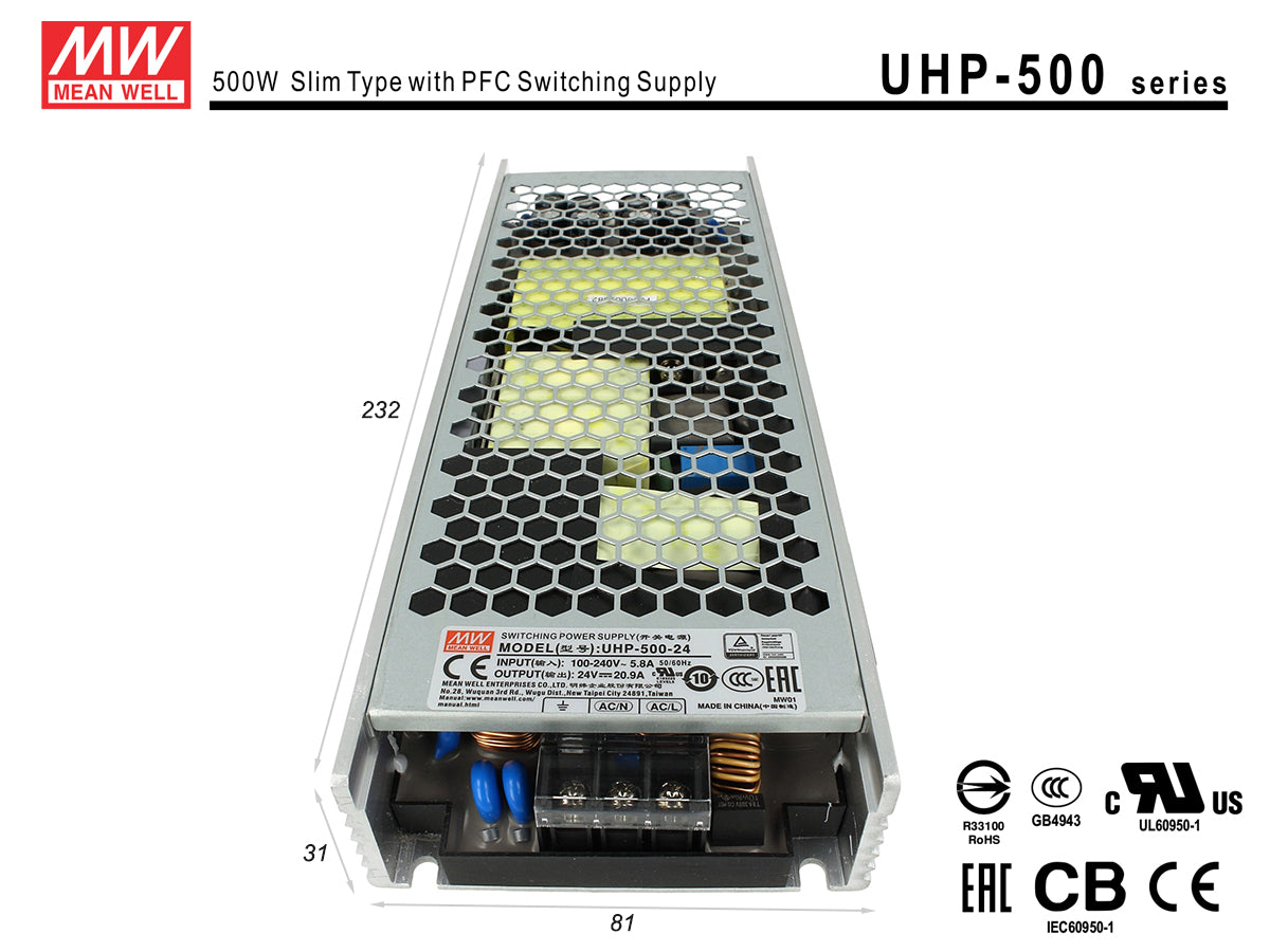 Alimentatore MeanWell CV 24V 500W 20,9A Senza Ventola UHP-500-24 Trasformatore Da AC 220V A DC 24V Per Luci Led Interno