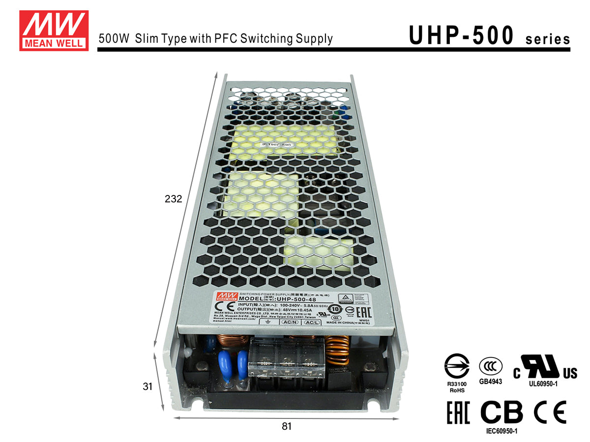 Alimentatore MeanWell CV 48V 500W 10,45A Senza Ventola UHP-500-48 Trasformatore Da AC 220V A DC 48V