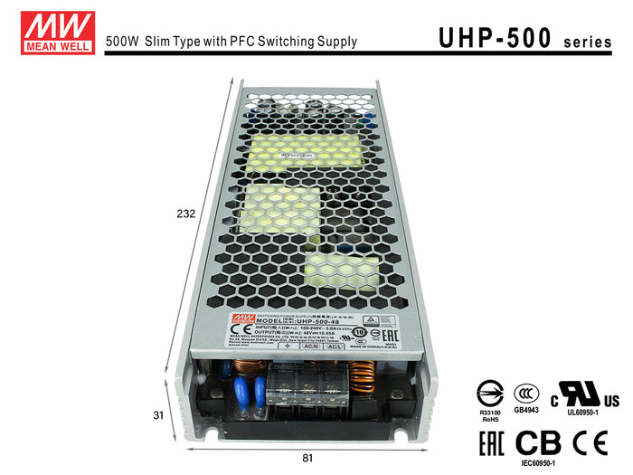 Alimentatore MeanWell CV 48V 500W 10,45A Senza Ventola UHP-500-48 Trasformatore Da AC 220V A DC 48V