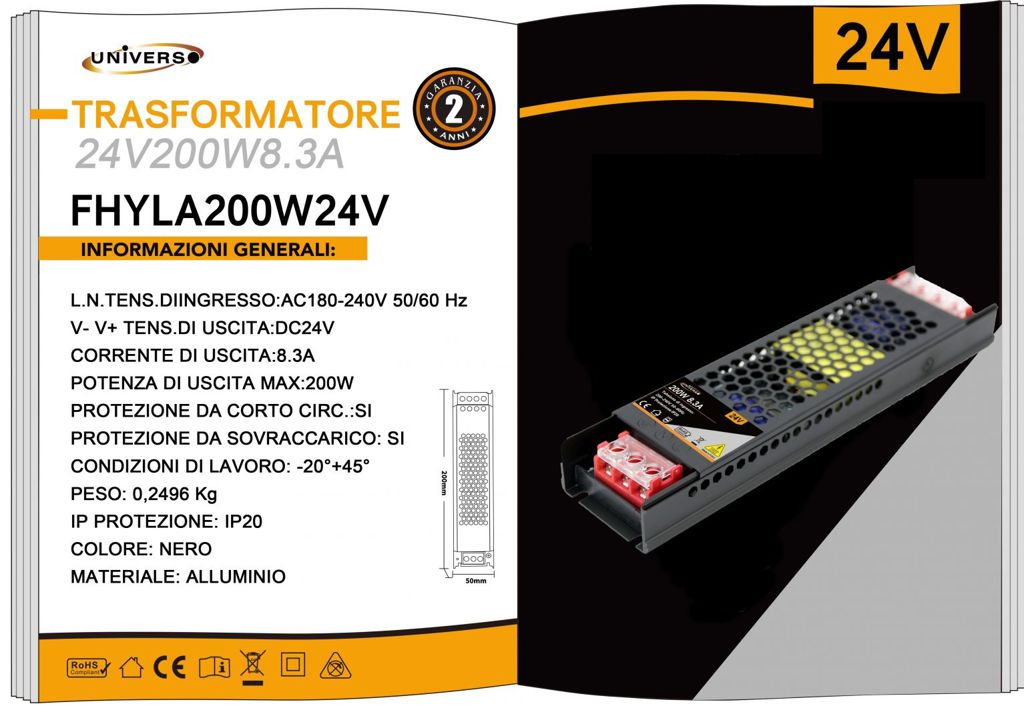 Alimentatore Trasformatore 24v 200w 8.3a 220v FHYLA200W24V