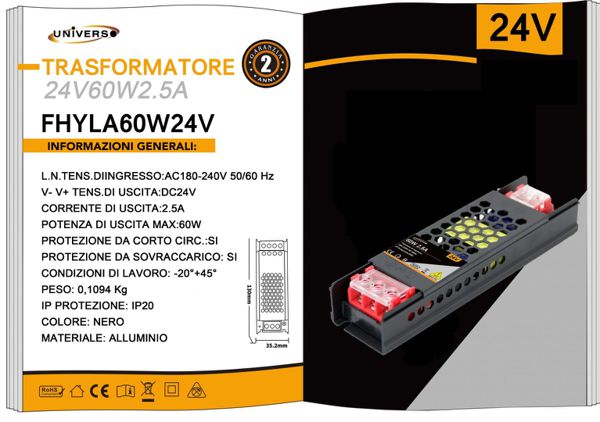 Alimentatore Trasformatore 24v 60w 2.5a 220v FHYLA60W24V