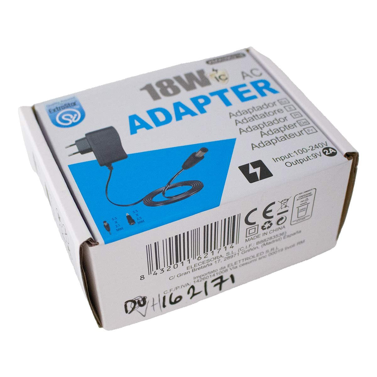 Alimentatore Trasformatore 9V 2A 18W Caricatore 9V Con DC JACK Maschio 5,5mmX2,1mm e 5,5mmX2,5mm