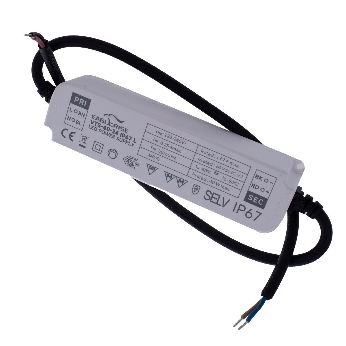 Alimentatore Trasformatore LED Cerificato ENEC Output 40W 24V 1,67A Input 220V IP67 Compatibile Meanwell LPV-40-24
