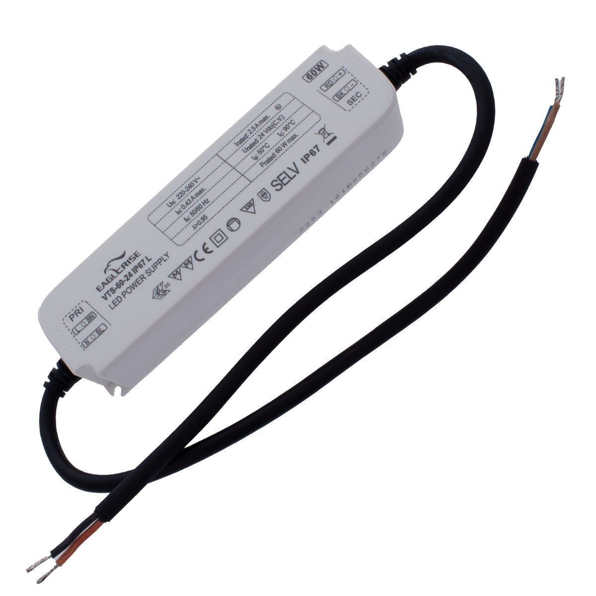 Alimentatore Trasformatore LED Cerificato ENEC Output 60W 24V 2,5A Input 220V IP67 Compatibile Meanwell LPV-60-24