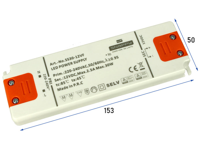 Alimentatore Trasformatore Slim 12V 30W 2,5A 14mm SNAPPY SS30-12VF