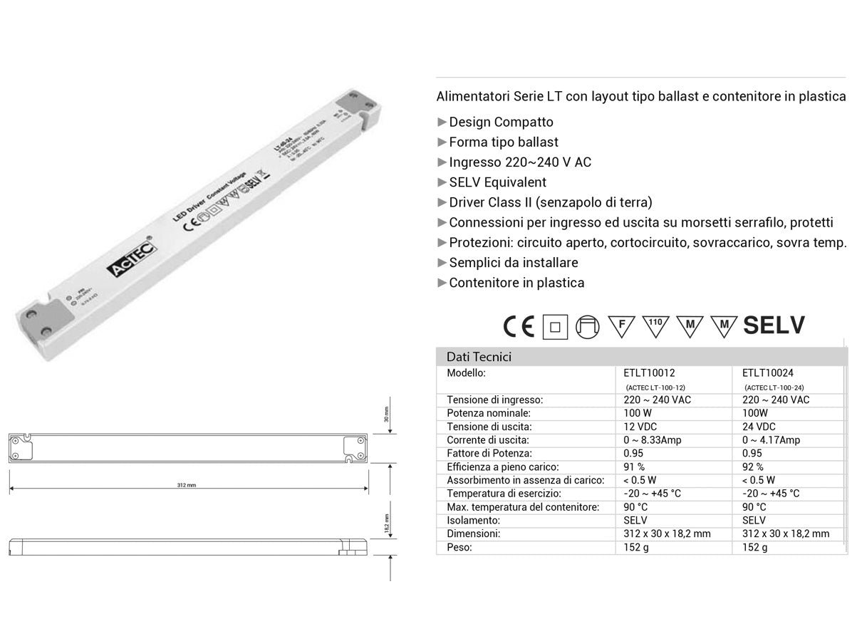 Alimentatore Ultra Slim Sottile 100W 24V LT-100-24 Trasformatore CV Per Striscia Led Profili Alluminio