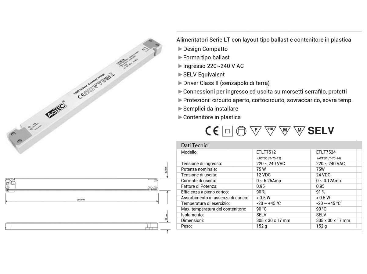 Alimentatore Ultra Slim Sottile 75W 12V Trasformatore CV Per Striscia Led Profilato Alluminio