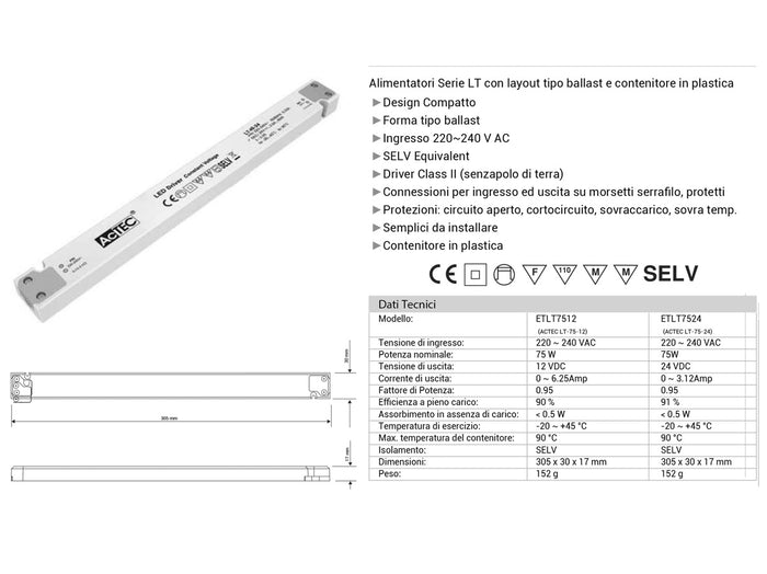 Alimentatore Ultra Slim Sottile 75W 12V Trasformatore CV Per Striscia Led Profilato Alluminio