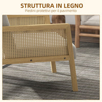 Poltrona Stile Boho 65,5x72x78 cm in Rattan e Tessuto Effetto Lino Grigio