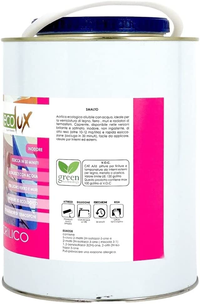 Ecolux smalto ecologico lucido acrilico ad acqua inodore per interno ed esterno *** tinta ocra, contenuto litri 2,5, ...