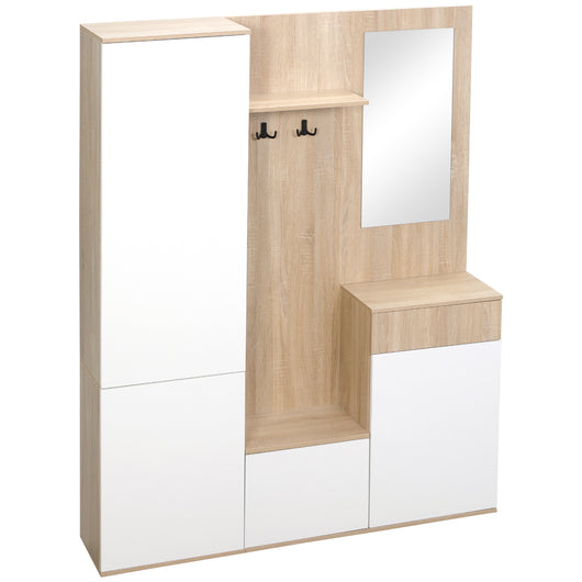 Mobile da Ingresso 4 in 1 con Specchio 145x29x184 cm in Truciolato Bianco e Legno Naturale