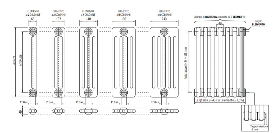 Batteria completa Radiatore Termosifone in acciaio tubolare Cordivari Ardesia 3 Colonne da 3 a 24 elementi h 856 mm interasse 800 mm tappi e riduzioni inclusi