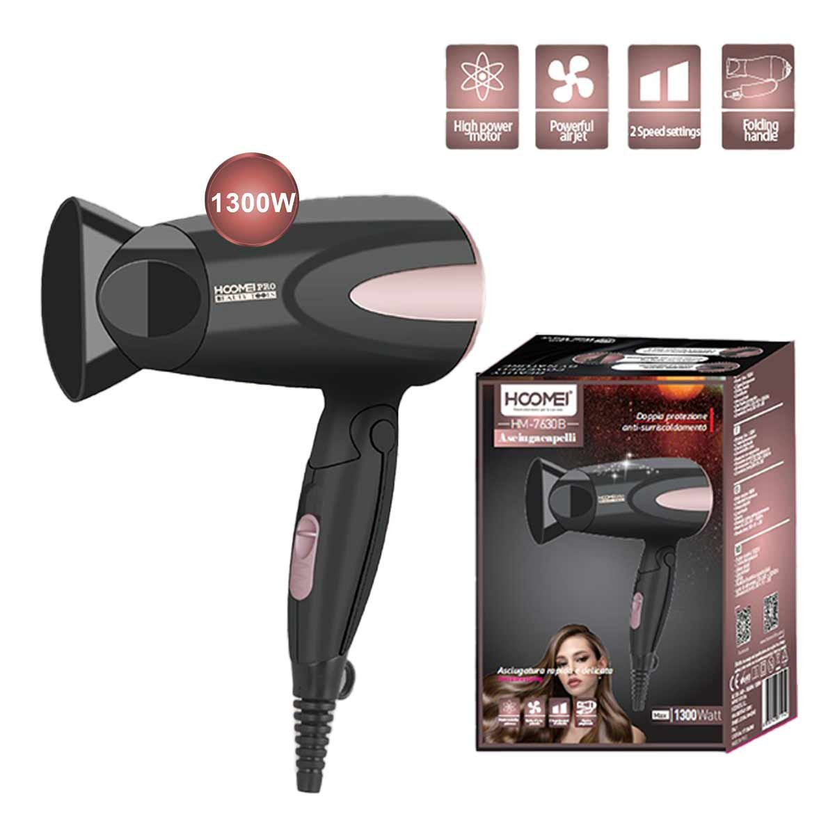 Asciugacapelli Professionale 1300W con 2 Velocita Temperatura con Manico Pieghevole e Gancio per Appendere Nero Rosa