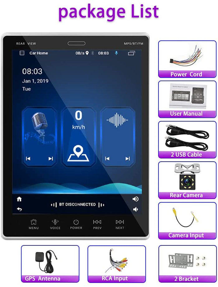 Autoradio a doppio Din per auto Android da 9,5 pollici con touchcreen verticale radio FM Bluetooth GPS WiFi + Telecamera