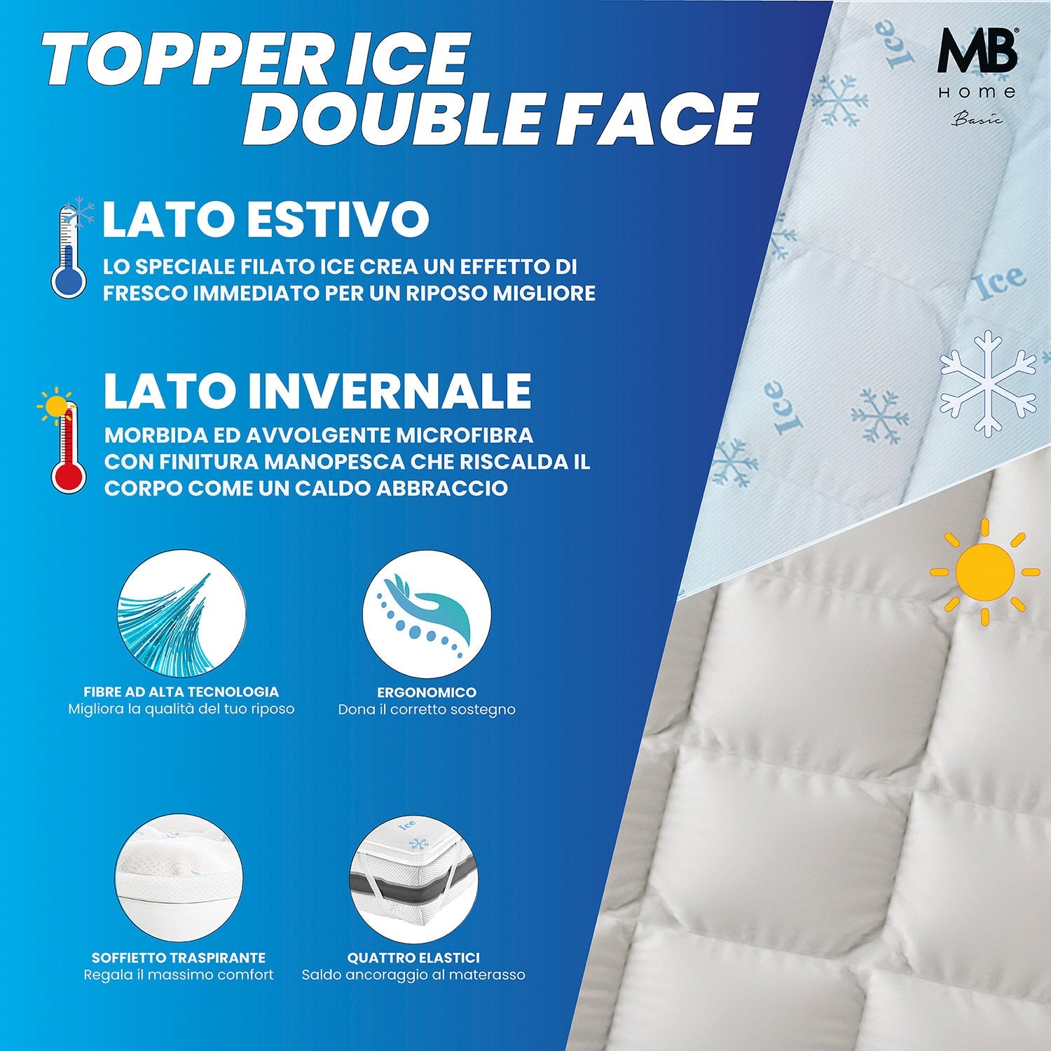 Topper Double Face Singolo Trapuntato 300 gr/mq con Elastici Ice Refrigerante Bianco