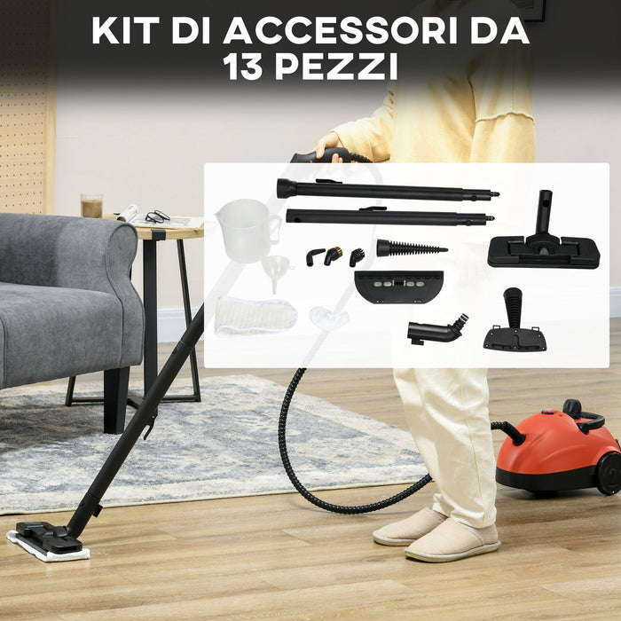 Pulitore a Vapore Portatile Multiuso con 13 Accessori Inclusi 1500W Serbatoio 1.2L Rosso