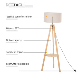 EasyComfort Lampada da Terra con Ripiano Intermedio Paralume in Lino Interruttore a Pedale Risparmio Energetico Altezza 154cm, Legno, 50x50x154 cm