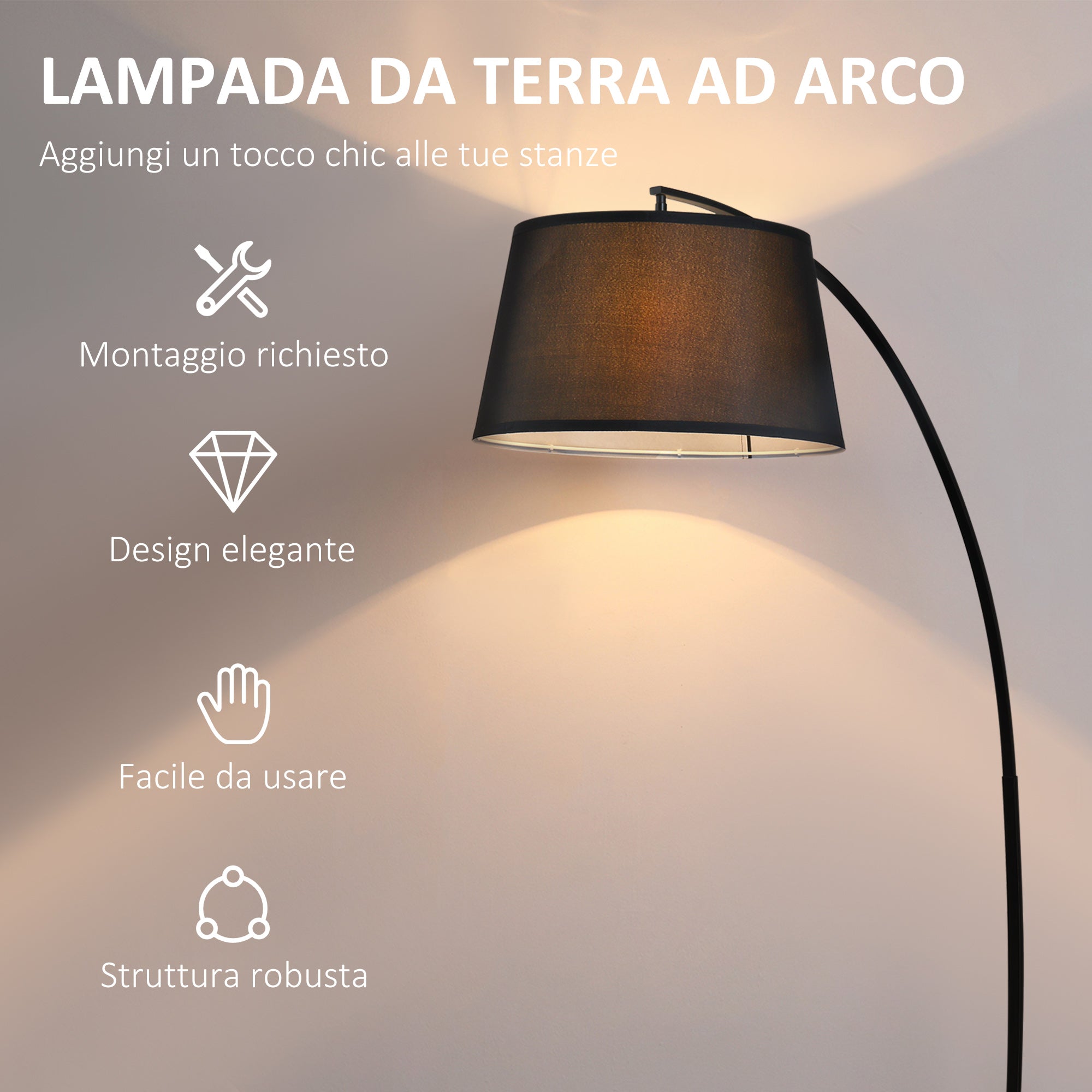 Easycomfort Lampada da Terra ad Arco con Paralume in Tessuto e Interruttore a Pedale, Ø47x105x190cm, Nera